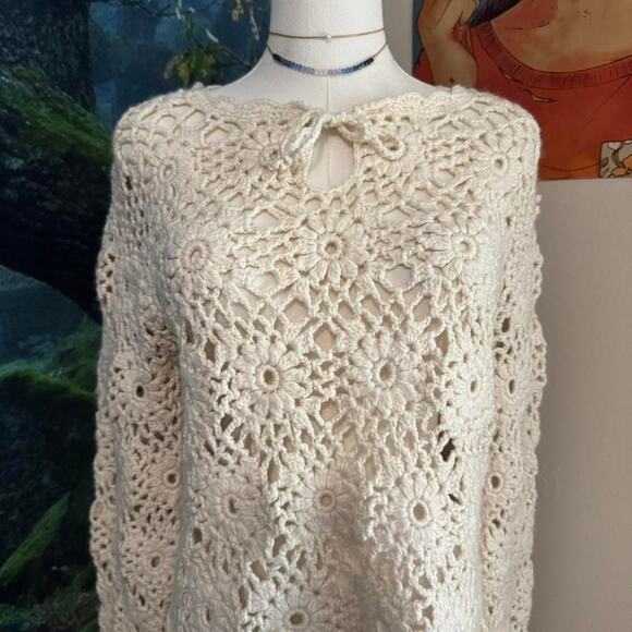 cream crochet floral handknit sweater medium boho cottagecore y2k - Picture 2 of 8
